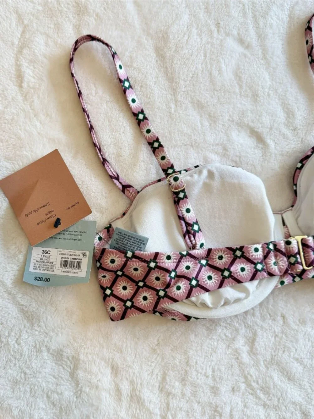 NWT Shade & Shore Pink and Black Geometric Patterned Underwire Bikini Top - 36C